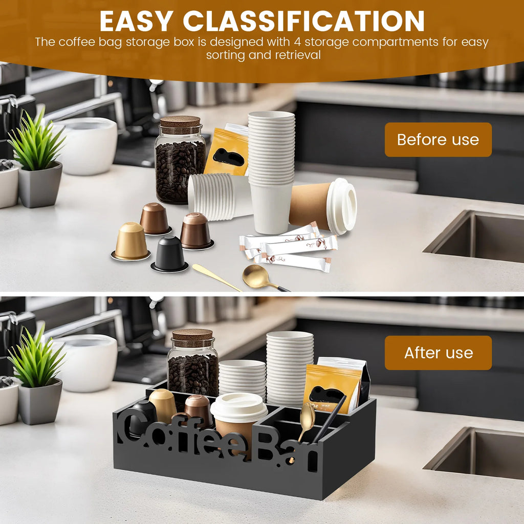 Coffee Bar Organizer,  5 Compartments Coffee, & Condiments Premium Storage Organizer