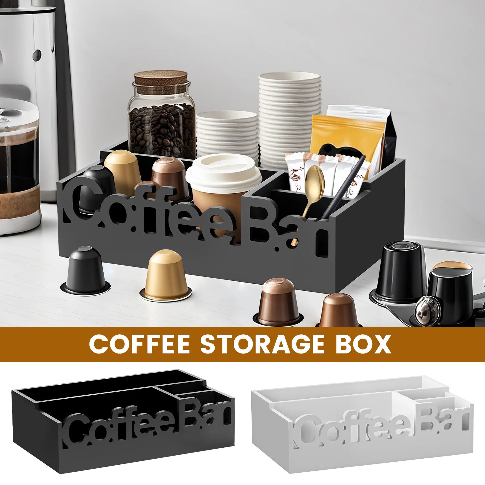 Coffee Bar Organizer,  5 Compartments Coffee, & Condiments Premium Storage Organizer