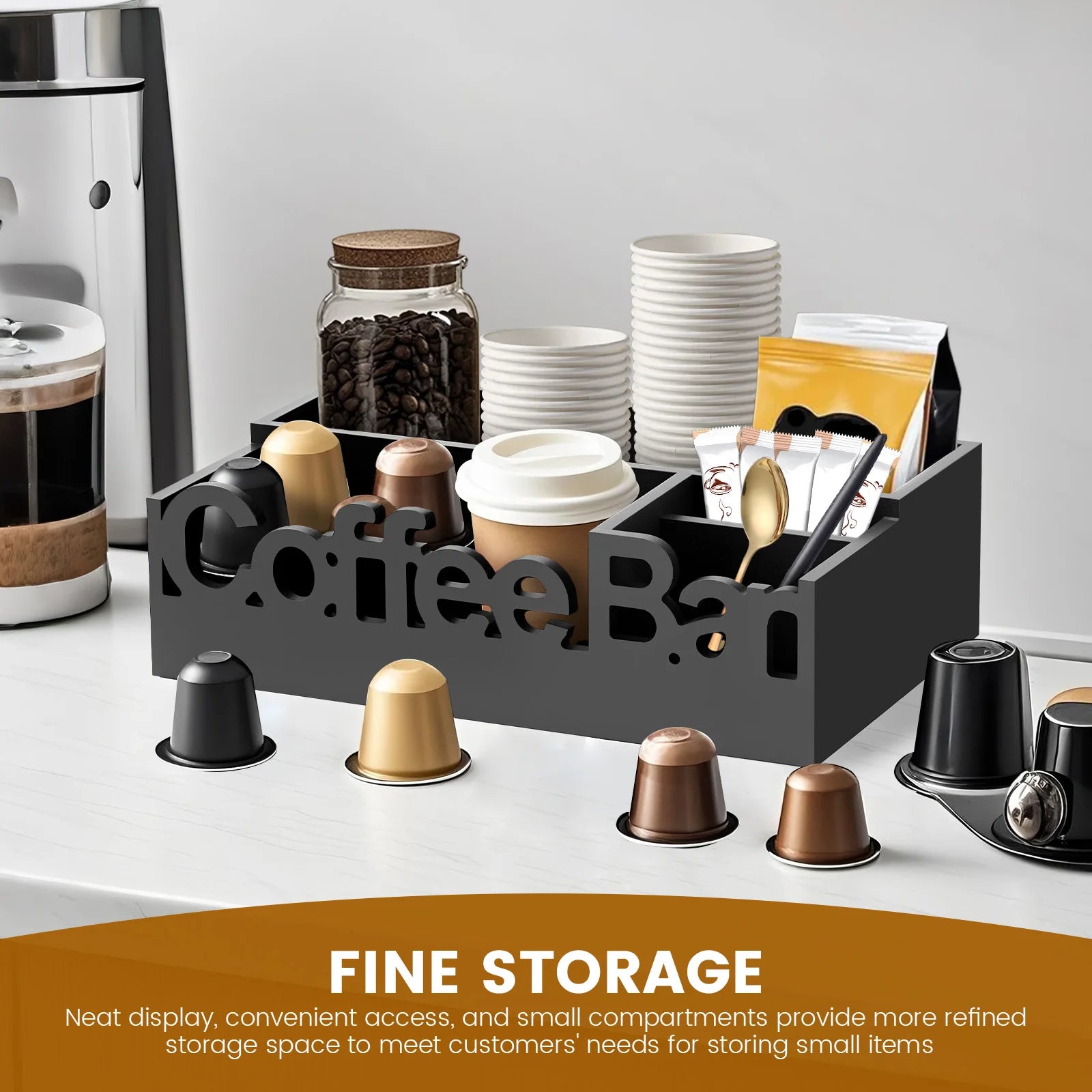 Coffee Bar Organizer,  5 Compartments Coffee, & Condiments Premium Storage Organizer