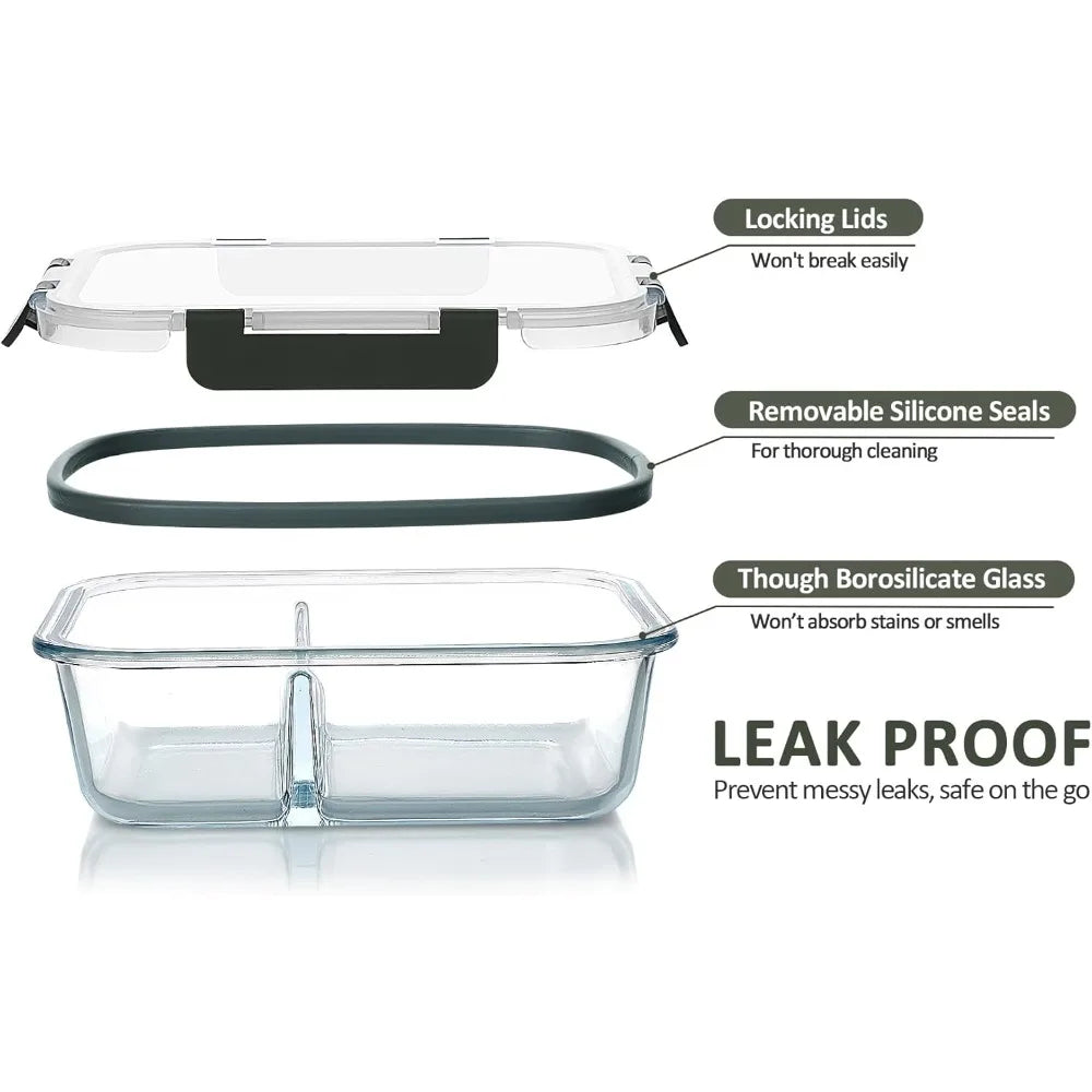 2 Compartment Glass Meal Prep Containers | 10-Piece Set
