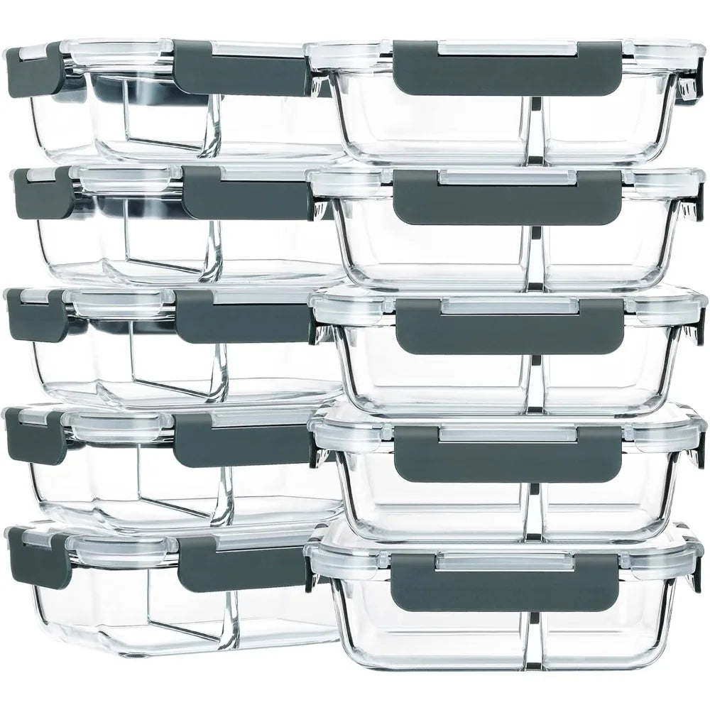 2 Compartment Glass Meal Prep Containers | 10-Piece Set