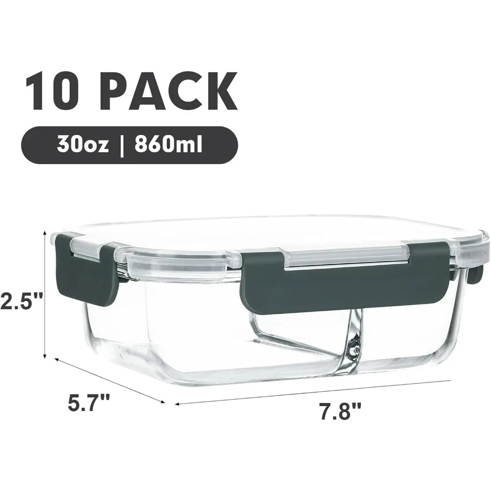 2 Compartment Glass Meal Prep Containers | 10-Piece Set